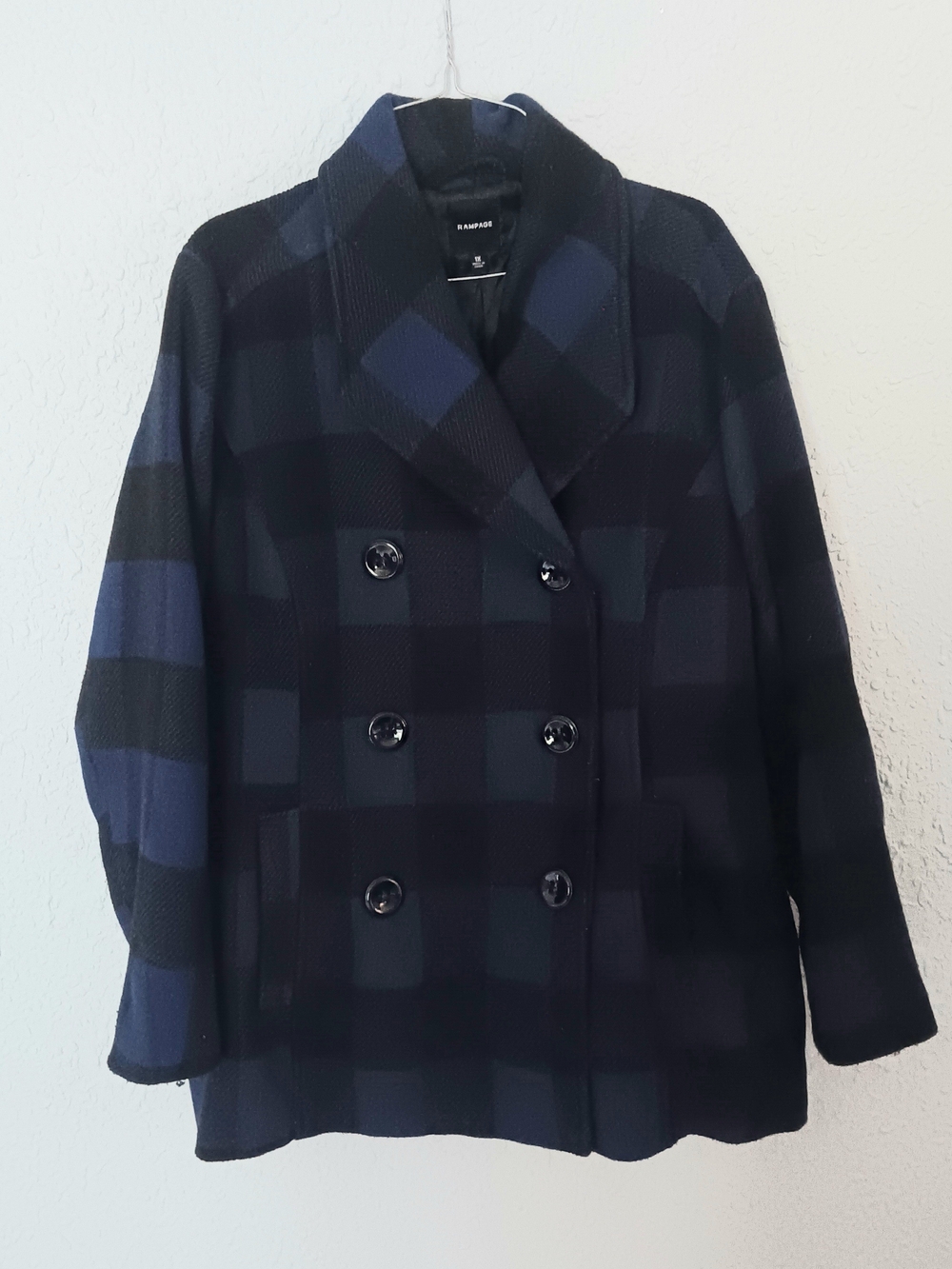 Rampage Navy and Black Plaid Double-Breasted Peacoat